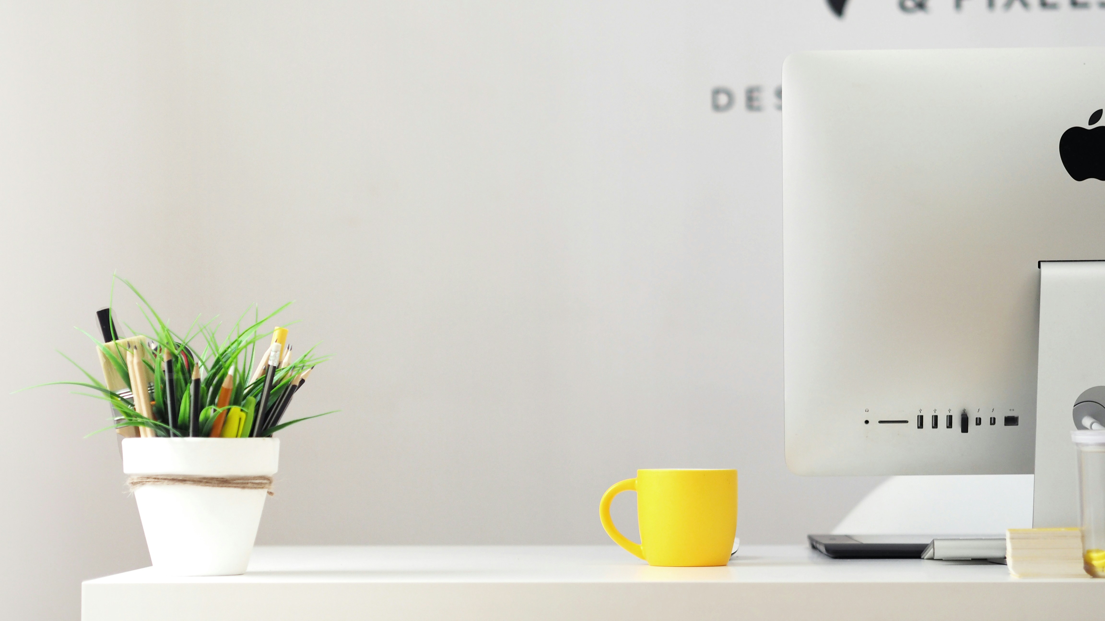 Bright desk with plant, computer, and yellow mug